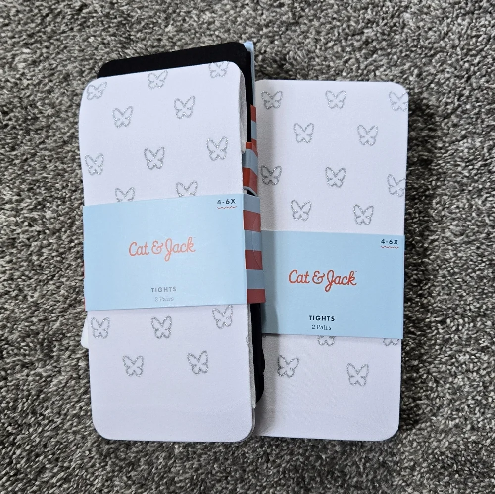 Cat & Jack Butterfly Tights and Black Tights Set (2 PAIR) NEW size 4X to 6X